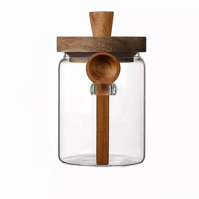 Coffee Bean Storage Jar Glass Sealed Containers Grains Jar with Wood Spoon Clear Spice Jars Kitchen Moisture-proof Storage Tank