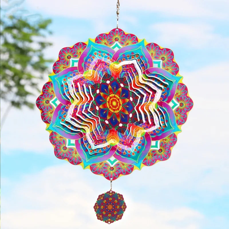 Wind Spinner Mandala Hanging Decor for Outdoor Yard and Garden Kinetic Sculpture Metal 3d Flower Chime Ramadan Patio Ornaments