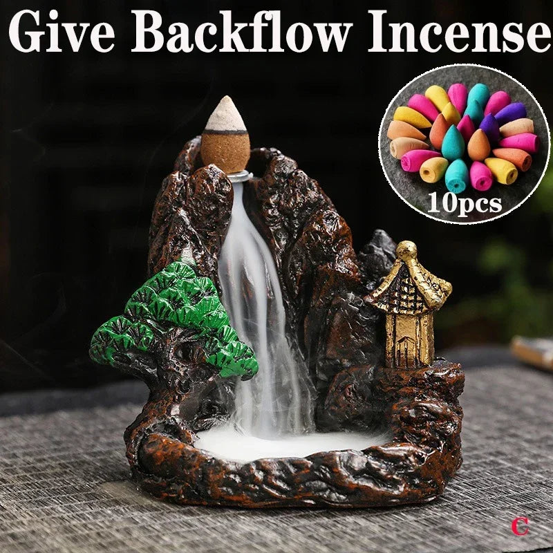 2025 Mountains River Waterfall Reflux Incense Burner Fountain Backflow Aroma Smoke Censer Holder Home Crafts +60 Incense Cones
