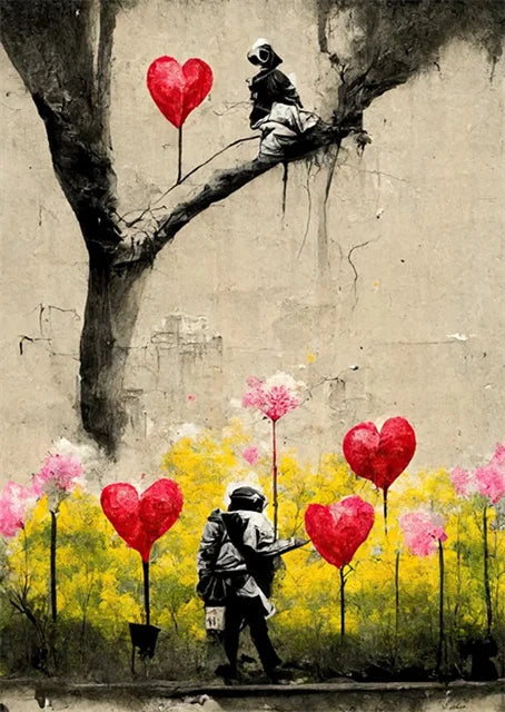 Banksy-Inspired Canvas Print-Graffiti Boy and Girl with Balloon Poster for Pop Street Art Decor in Living Room and Home