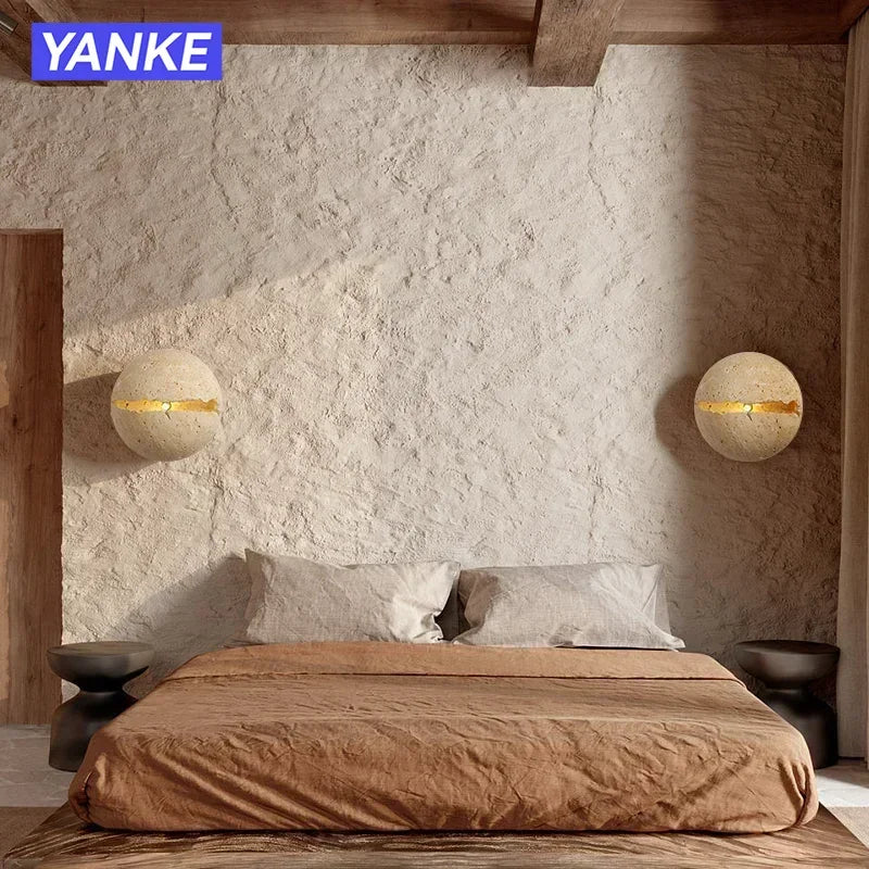 Japanese Wabi-Sabi Round Yellow Travertine Stone Wall Lamp for Bedroom Bedside Lamp Hallway Villa Background Wall Decor Lighting
