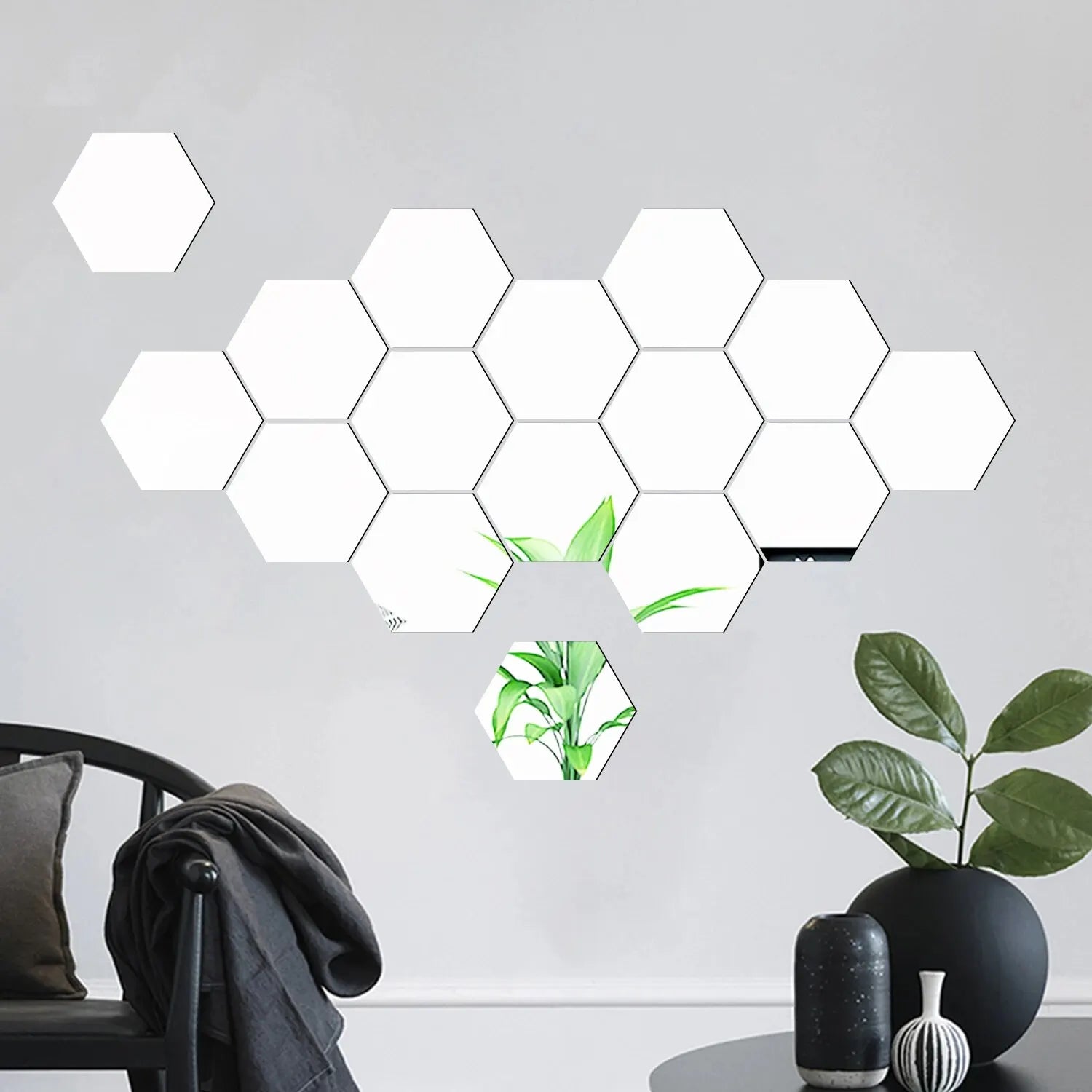 12PCS/Lot Removable Geometric Mirror Wall Stickers - Solid Hexagonal Shape, DIY with Built-in Adhesive for Home Decoration