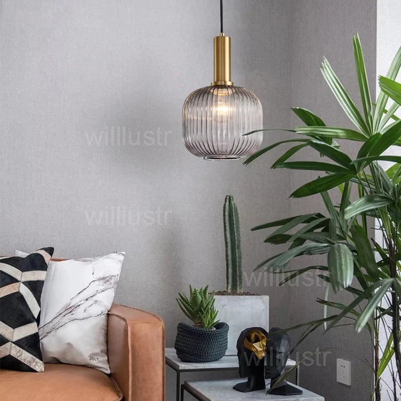 Modern Ribbed Glass Pendant Lamp Smoke Cognac Green Nordic Suspension Light Dinning Room Bedroom Restaurant Hotel Bedside Cafe