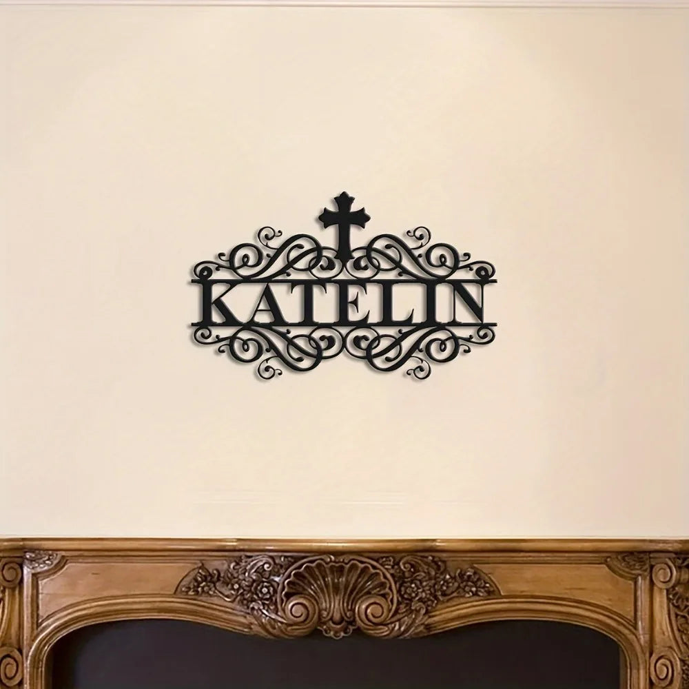 Custom Metal Nameplate Graceful Cross Pattern Tailored Outdoor Wall Deco Churches Homes Vintage Housewarming Birthday Gift Sign