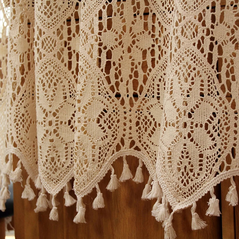 Retro Crochet Curtains Valance Kitchen Window Curtain Tiers Rod Pocket Farmhouse Short Curtains for Room Divider Doorway Curtain