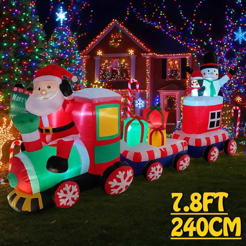 7.8FT Outdoor Holiday Decoration Santa Claus Train Inflatable Christmas Decor Xmas Yard Party Ornaments Lights Home Toys Prop