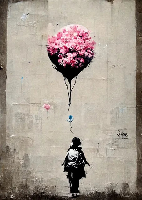 Banksy-Inspired Canvas Print-Graffiti Boy and Girl with Balloon Poster for Pop Street Art Decor in Living Room and Home