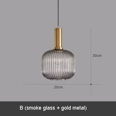 Modern Ribbed Glass Pendant Lamp Smoke Cognac Green Nordic Suspension Light Dinning Room Bedroom Restaurant Hotel Bedside Cafe