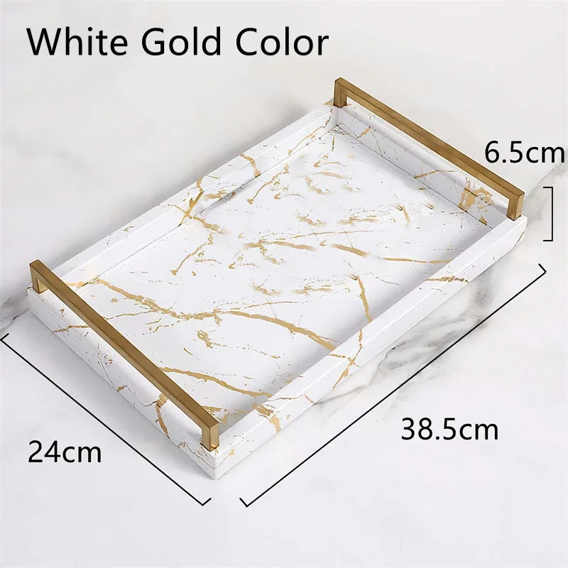Nordic Marbled Leather Tray Rectangular Metal Handle Plate Storage Trays Decorative Home Hotel Coffee Table Service Plate Large