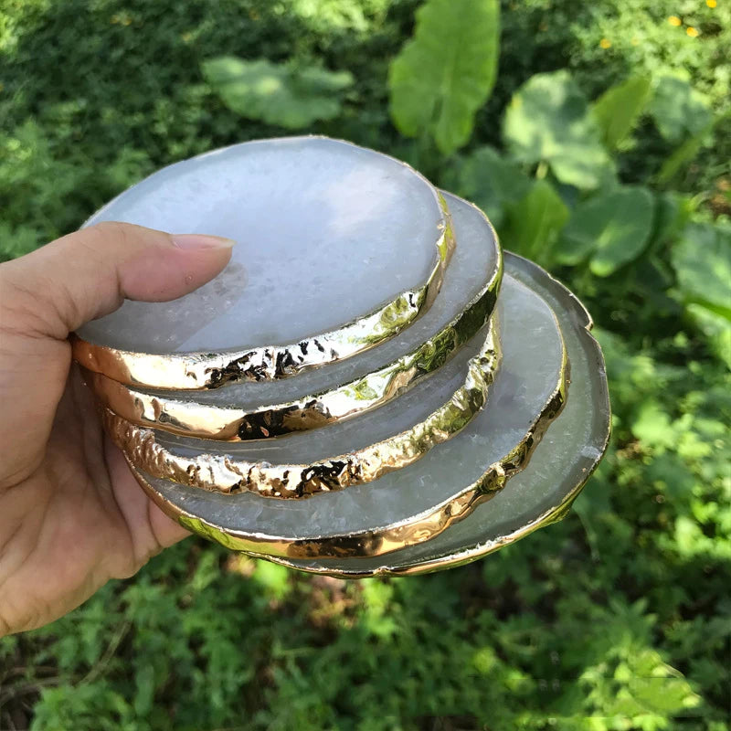 Natural Agate Coaster Irregular Gold Plated Edge Silver Edge Agate Piece Natural Stone Crafts Home Decoration