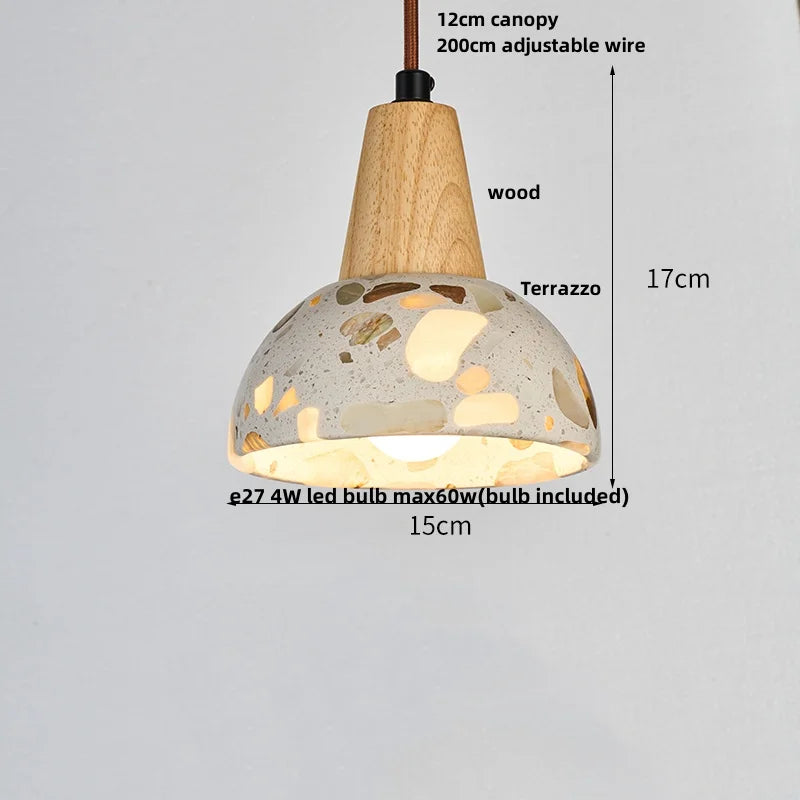 IWHD Wood Ball LED Pendant Lamp Restaurant Bar Living Room Decor Wabi Sabi Stone Terrazzo Nordic Modern Hanging Lights Lamparas