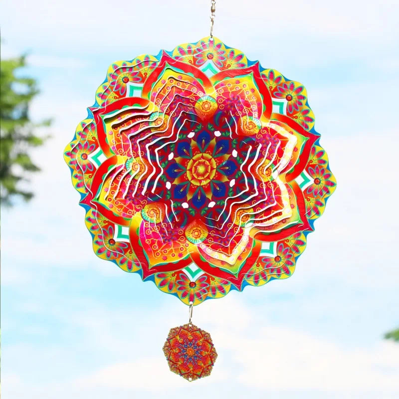 Wind Spinner Mandala Hanging Decor for Outdoor Yard and Garden Kinetic Sculpture Metal 3d Flower Chime Ramadan Patio Ornaments