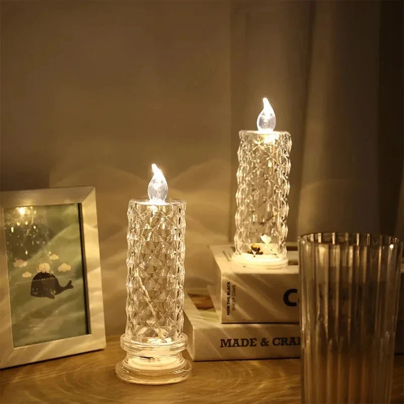 Crystal LED Candle Light Table Lamp Rose Projection Romantic Atmosphere Night Light for Bedroom Party Christmas Wedding Decorate