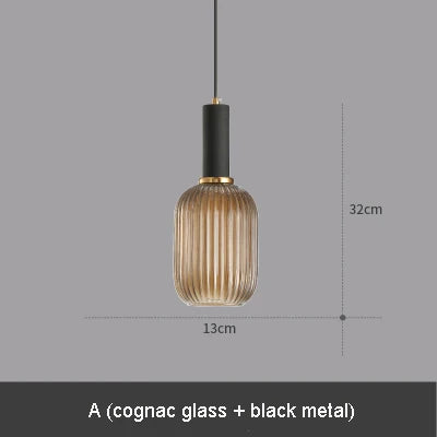 Modern Ribbed Glass Pendant Lamp Smoke Cognac Green Nordic Suspension Light Dinning Room Bedroom Restaurant Hotel Bedside Cafe