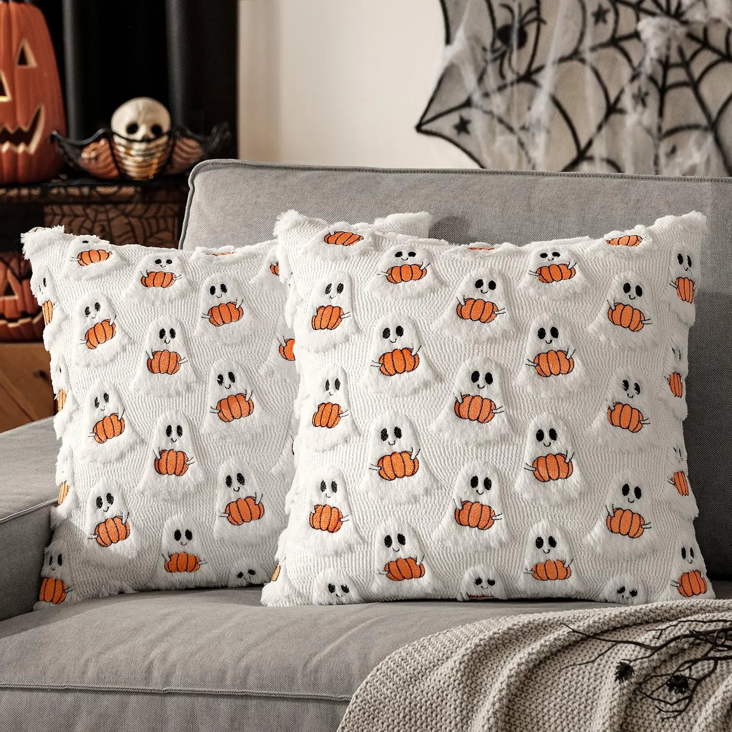 Ghost Pumpkin Plush Faux Fur Pillow Covers 18x18 Inch Soft Halloween Decor for Sofa Couch Bed Living Room, White Bright Orange