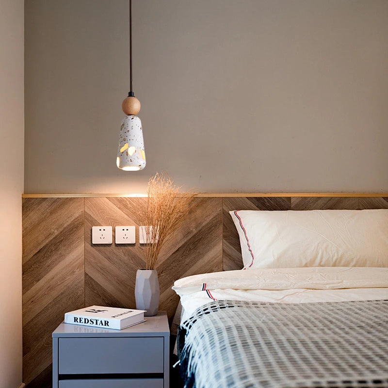 IWHD Wood Ball LED Pendant Lamp Restaurant Bar Living Room Decor Wabi Sabi Stone Terrazzo Nordic Modern Hanging Lights Lamparas