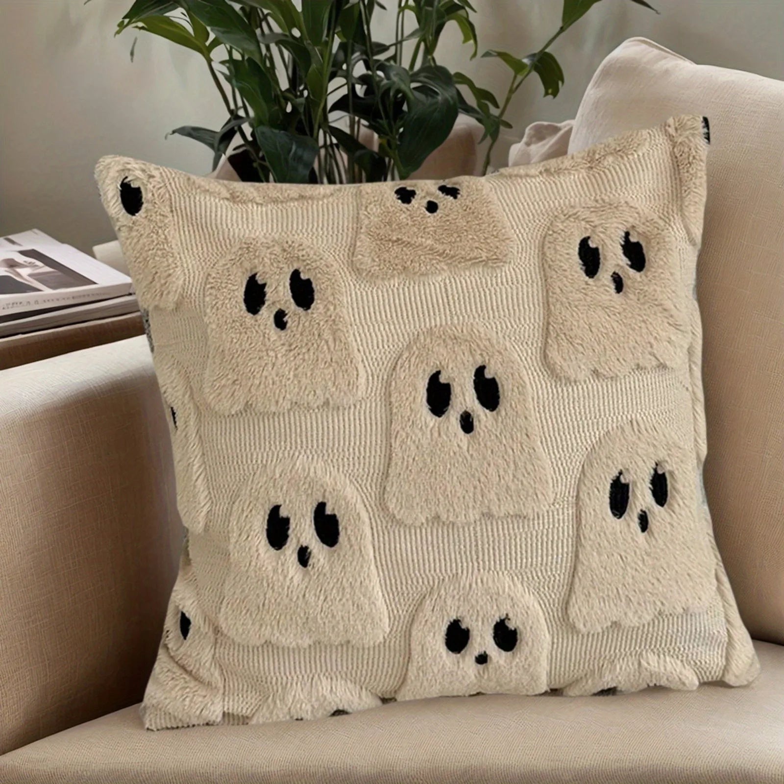 Ghost Pumpkin Plush Faux Fur Pillow Covers 18x18 Inch Soft Halloween Decor for Sofa Couch Bed Living Room, White Bright Orange