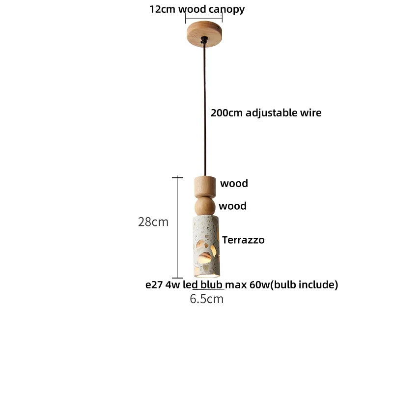 IWHD Wood Ball LED Pendant Lamp Restaurant Bar Living Room Decor Wabi Sabi Stone Terrazzo Nordic Modern Hanging Lights Lamparas