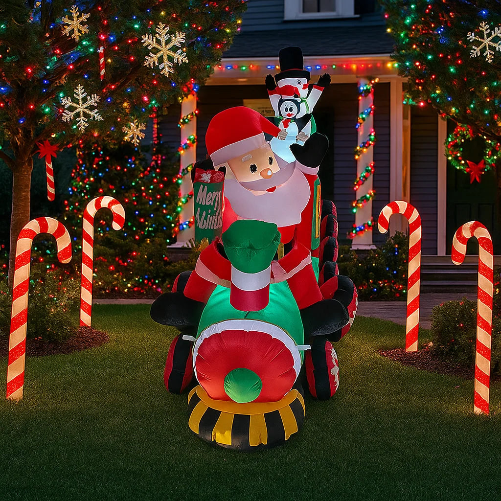 7.8FT Outdoor Holiday Decoration Santa Claus Train Inflatable Christmas Decor Xmas Yard Party Ornaments Lights Home Toys Prop