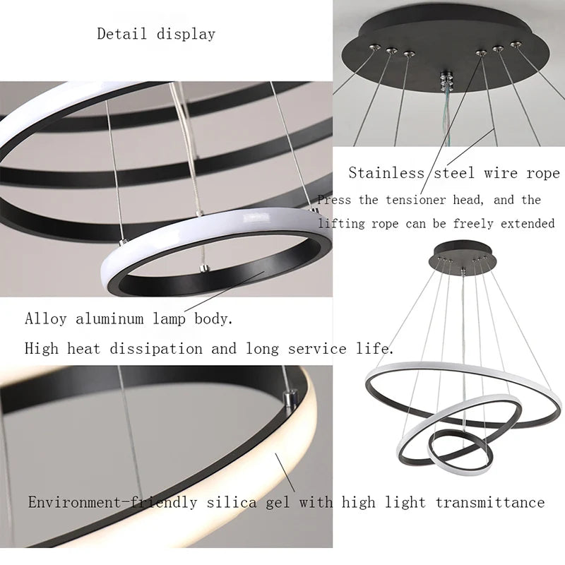 Round Ring Led Ceiling Light Chandeliers for Living Dining Room Staircase Hanging Lamp Home Decore Pendant Lighting Fixtures