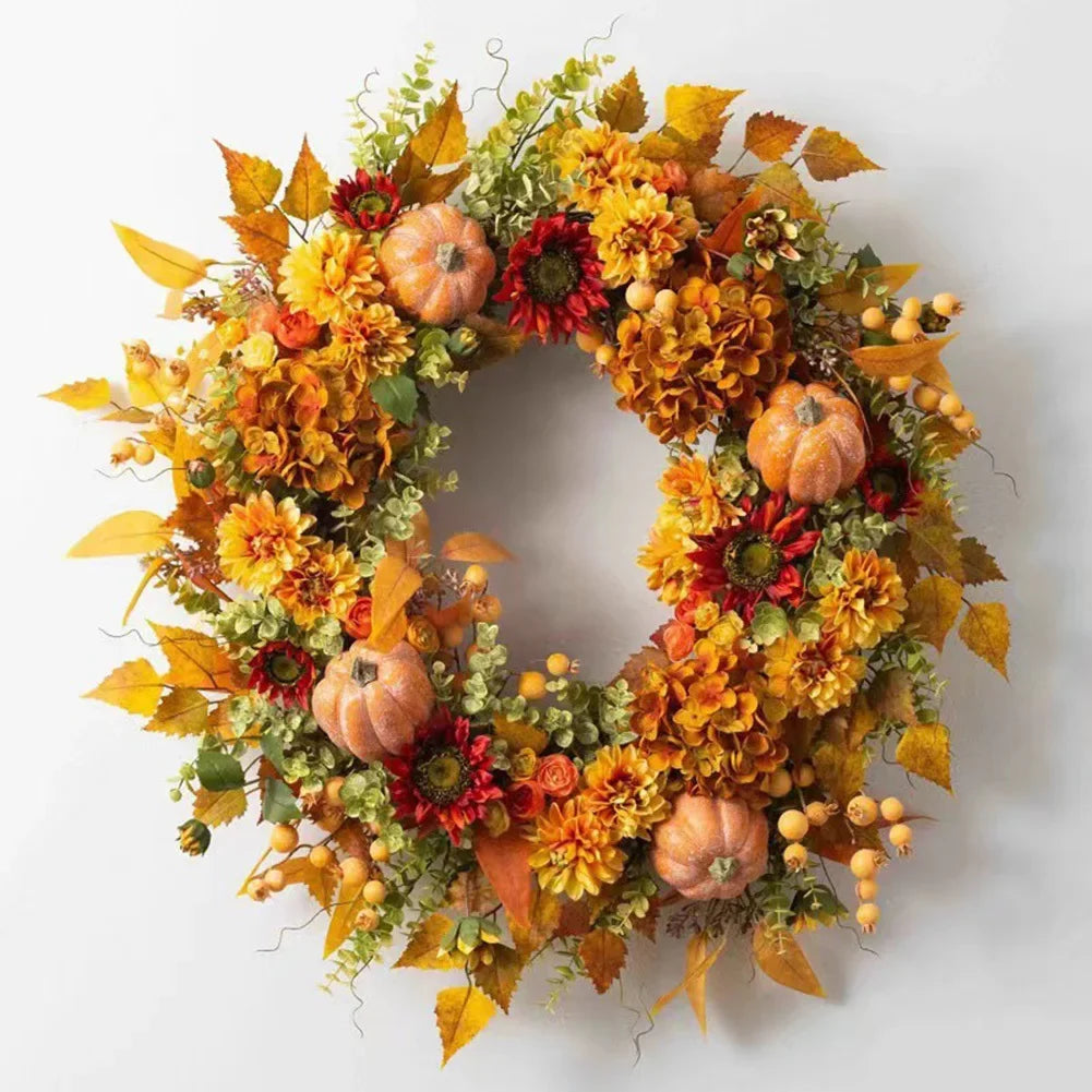 45x45cm Fall Wreaths Autumn Harvest Pumpkin Berry Wreath Maple Leaves Flower Wreaths For Thanksgiving Festive Party Supplies