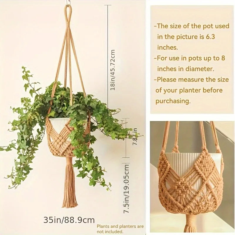 1pcs Boho Macrame Plant Hanger for Indoor Outdoor Hanging Succulents Cotton Rope Woven Hanging Basket with Net Pouch