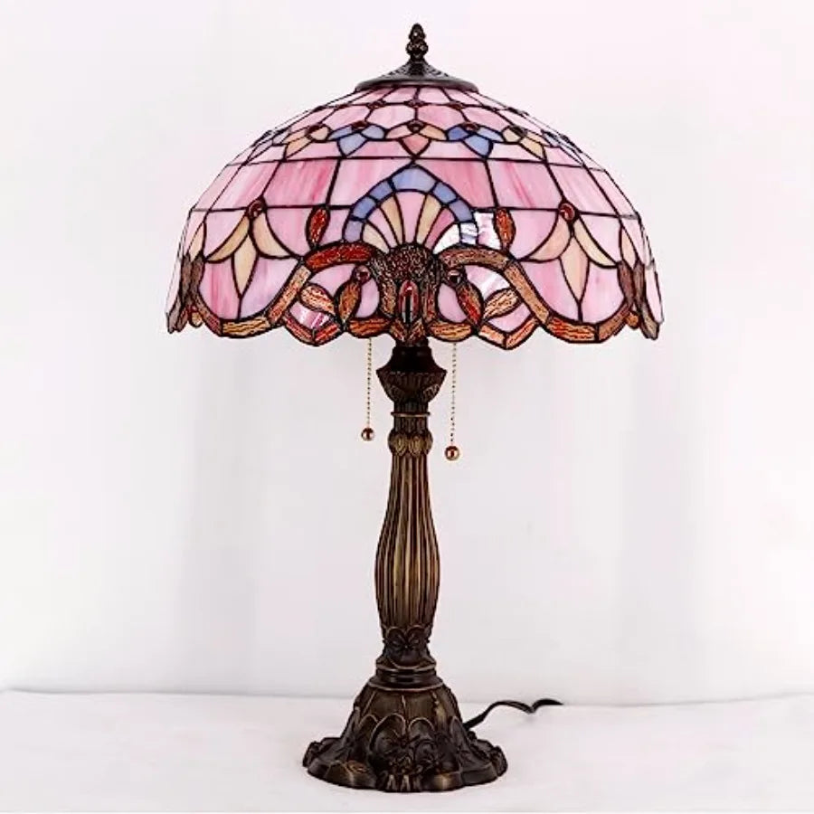 Pink Stained Glass Baroque Style Table Lamp for Bedroom and Living Room Decor 16X16X24 Inches Elegant Desk Light for Home Offic