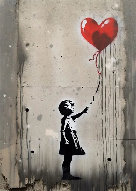 Banksy-Inspired Canvas Print-Graffiti Boy and Girl with Balloon Poster for Pop Street Art Decor in Living Room and Home