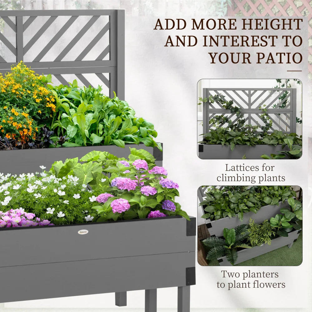 Raised Garden Bed with Trellis, 2 Tier Wooden Elevated Planter Box with Legs and Metal Corners, for Vegetables, Flowers, Herbs