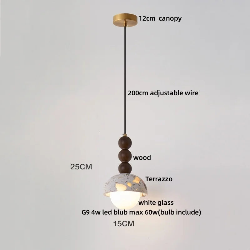 IWHD Wood Ball LED Pendant Lamp Restaurant Bar Living Room Decor Wabi Sabi Stone Terrazzo Nordic Modern Hanging Lights Lamparas