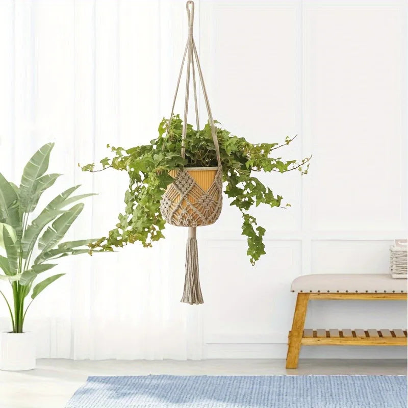 1pcs Boho Macrame Plant Hanger for Indoor Outdoor Hanging Succulents Cotton Rope Woven Hanging Basket with Net Pouch