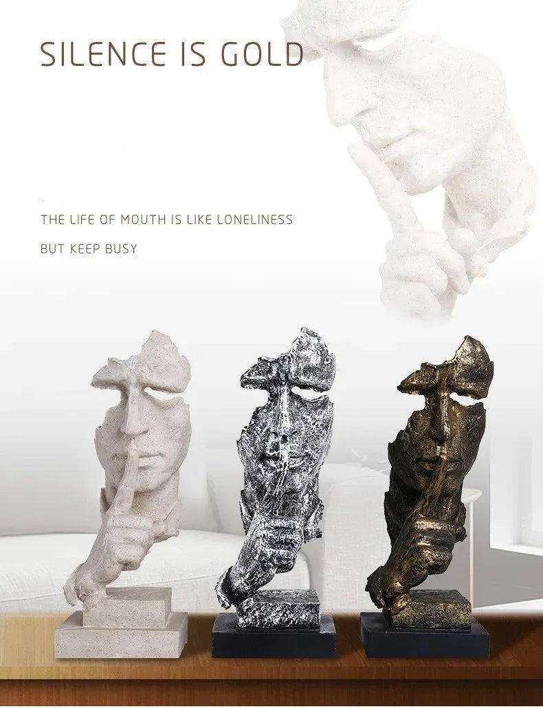 See No Evil Resin Art Silence Mask Figurines Decorations for Home Abstract Silence Is Gold Mask Miniatures Sculpture Artwork