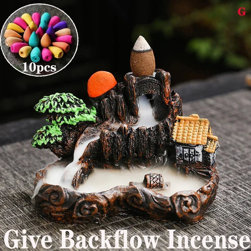 2025 Mountains River Waterfall Reflux Incense Burner Fountain Backflow Aroma Smoke Censer Holder Home Crafts +60 Incense Cones