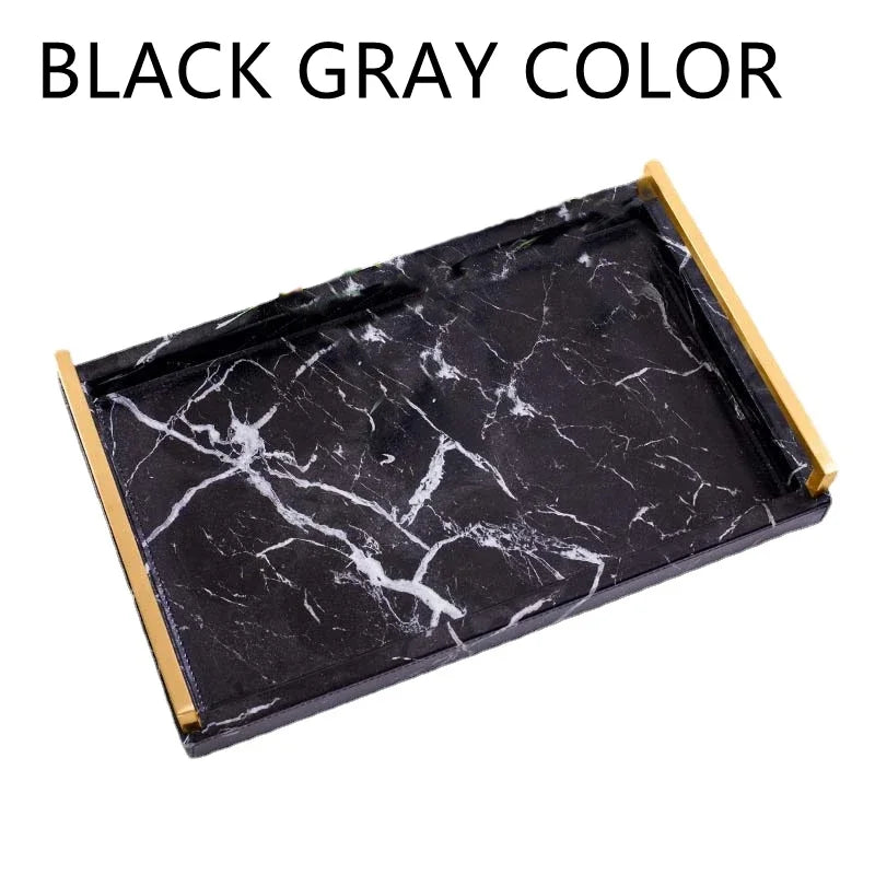 Nordic Marbled Leather Tray Rectangular Metal Handle Plate Storage Trays Decorative Home Hotel Coffee Table Service Plate Large