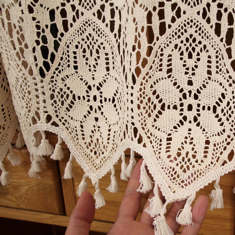 Retro Crochet Curtains Valance Kitchen Window Curtain Tiers Rod Pocket Farmhouse Short Curtains for Room Divider Doorway Curtain