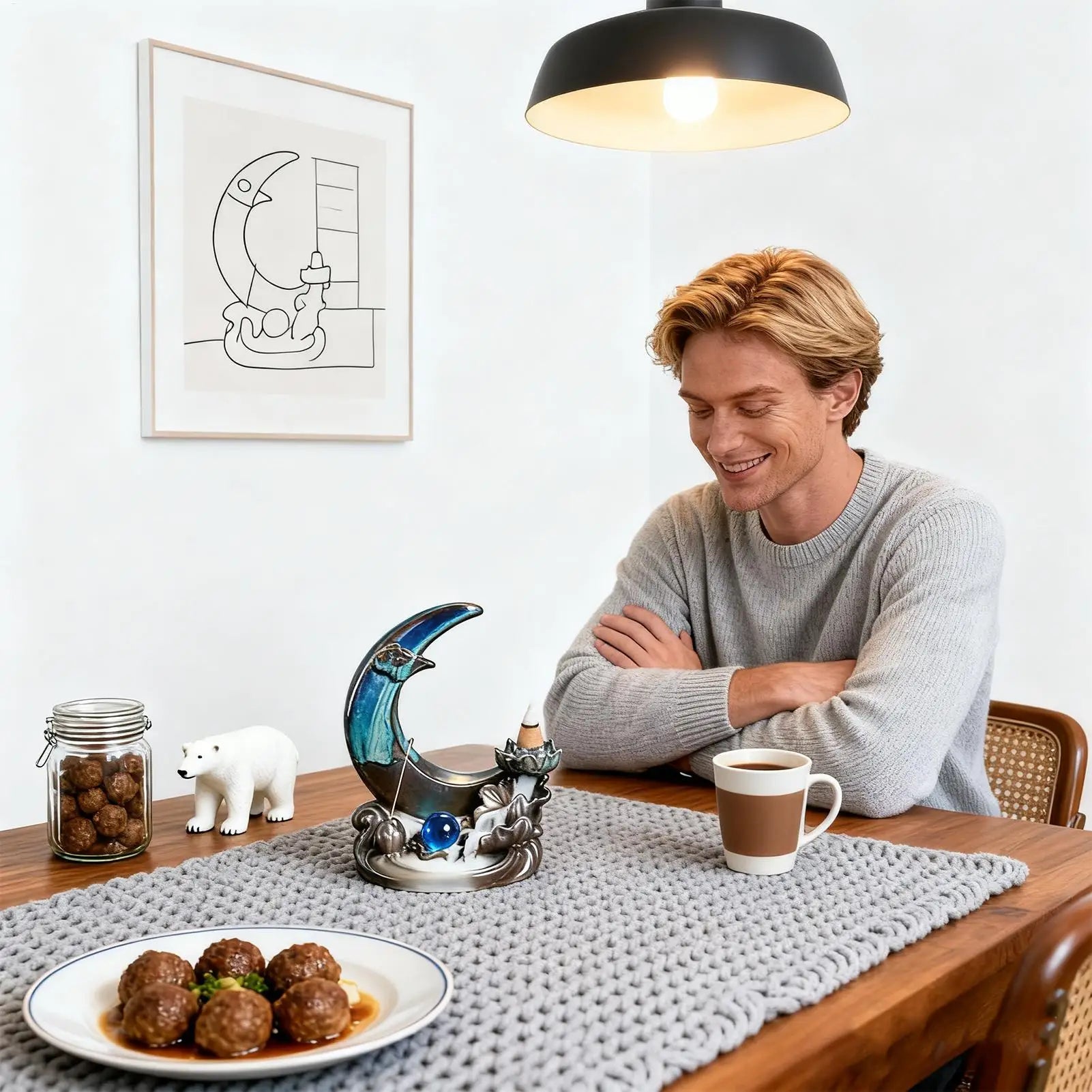 Backflow Incense Holder Moon Shaped Fountain Diffuser Waterfall Ceramic Incense Cone Holder For Home Room House Entryway Cabin