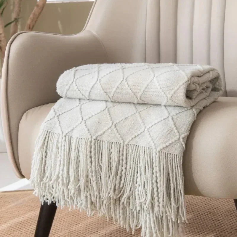 Bohemian Knitted Blankets with Tassels Cream White Oversized Nordic Textured Cozy Throw Blankets All Season Gift Chunky Blankets