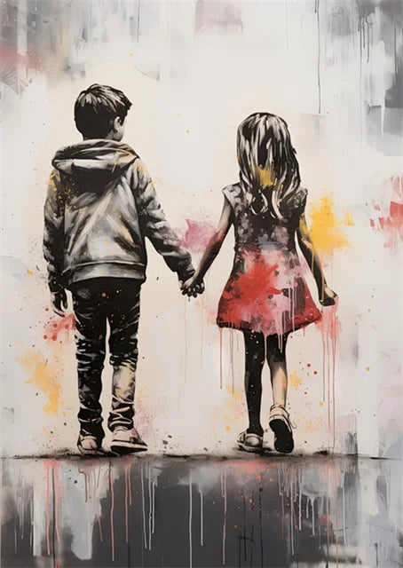 Banksy-Inspired Canvas Print-Graffiti Boy and Girl with Balloon Poster for Pop Street Art Decor in Living Room and Home