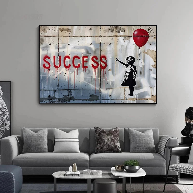 Banksy-Inspired Canvas Print-Graffiti Boy and Girl with Balloon Poster for Pop Street Art Decor in Living Room and Home
