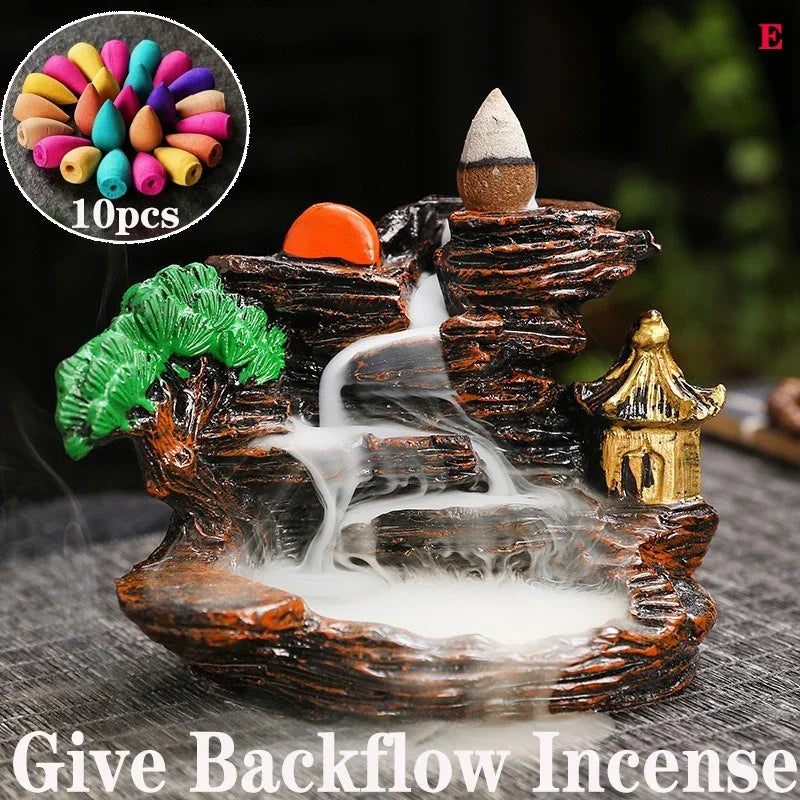 2025 Mountains River Waterfall Reflux Incense Burner Fountain Backflow Aroma Smoke Censer Holder Home Crafts +60 Incense Cones