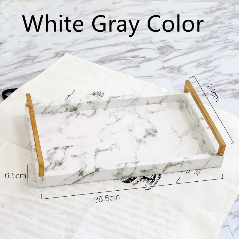 Nordic Marbled Leather Tray Rectangular Metal Handle Plate Storage Trays Decorative Home Hotel Coffee Table Service Plate Large
