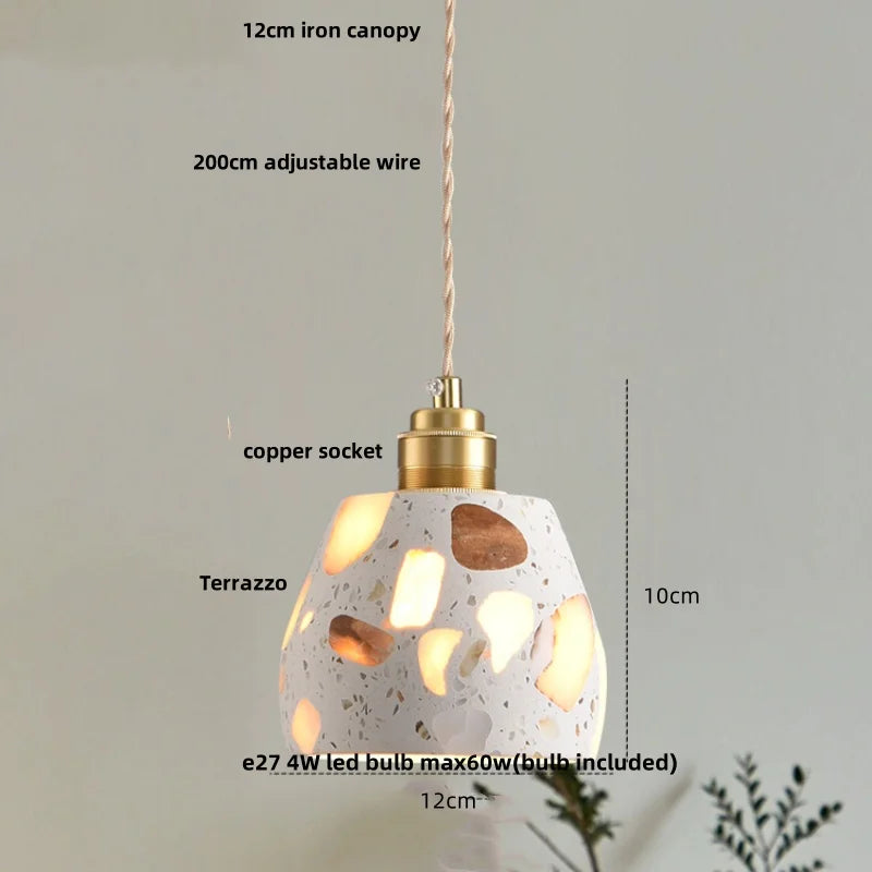IWHD Wood Ball LED Pendant Lamp Restaurant Bar Living Room Decor Wabi Sabi Stone Terrazzo Nordic Modern Hanging Lights Lamparas