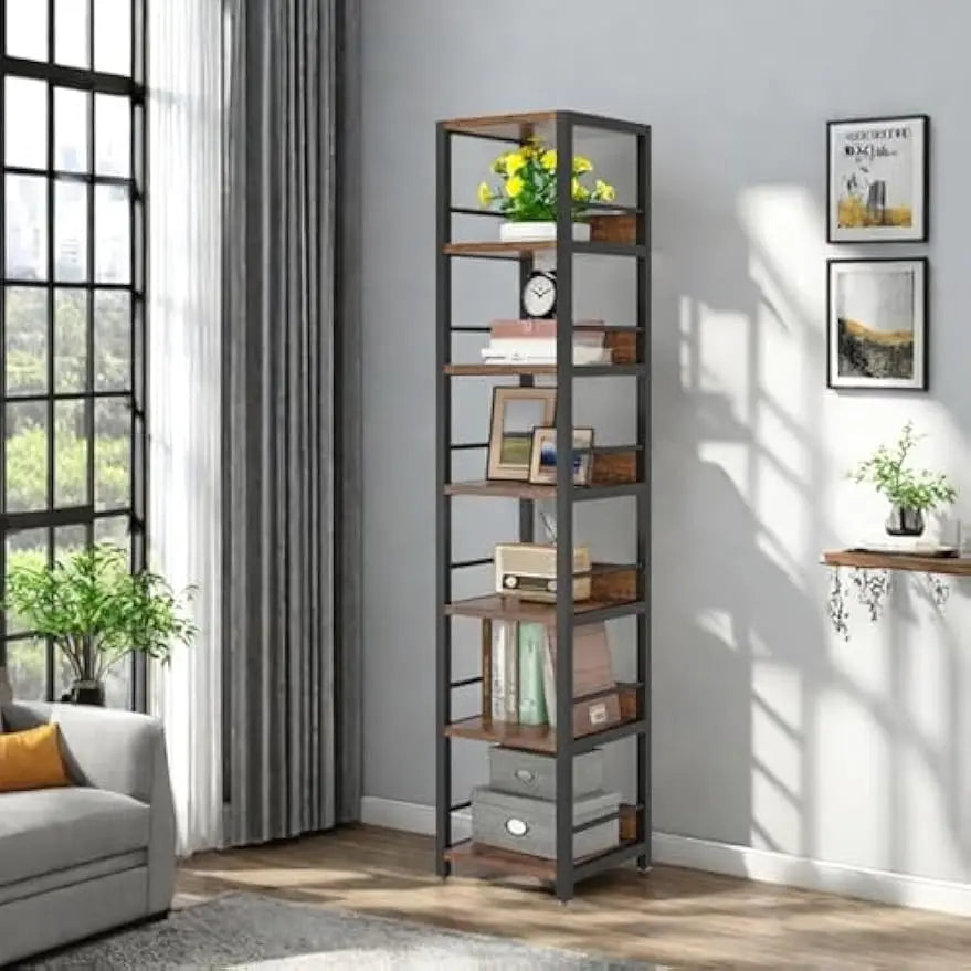 LITTLE TREE 6-Tier Narrow Corner Shelf, 74.8-Inch Bookshelf,Industrial Display Bookcase for Small Spaces,Bathroom,Kitchen