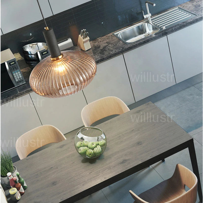 Modern Ribbed Glass Pendant Lamp Smoke Cognac Green Nordic Suspension Light Dinning Room Bedroom Restaurant Hotel Bedside Cafe