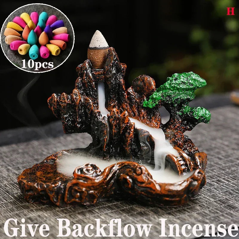 2025 Mountains River Waterfall Reflux Incense Burner Fountain Backflow Aroma Smoke Censer Holder Home Crafts +60 Incense Cones
