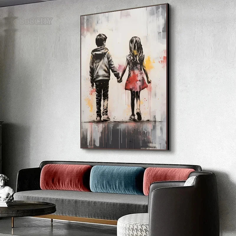 Banksy-Inspired Canvas Print-Graffiti Boy and Girl with Balloon Poster for Pop Street Art Decor in Living Room and Home