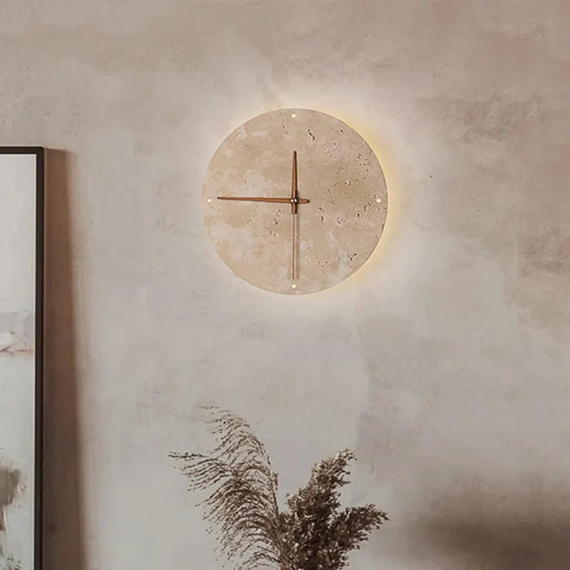 Modern Creative Clock Living Room Wabi Sabi Wall Lamp Nordic Simple Yellow Travertine Restaurant Corridor Circular Sconce Light