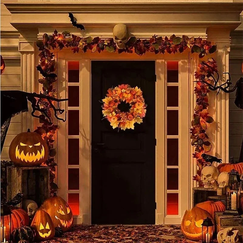 Autumn Door Wreath Christmas Halloween Decoration Pumpkin Berry Pine Cone Maple Artificial Wreath Cloth Rattan Material Home