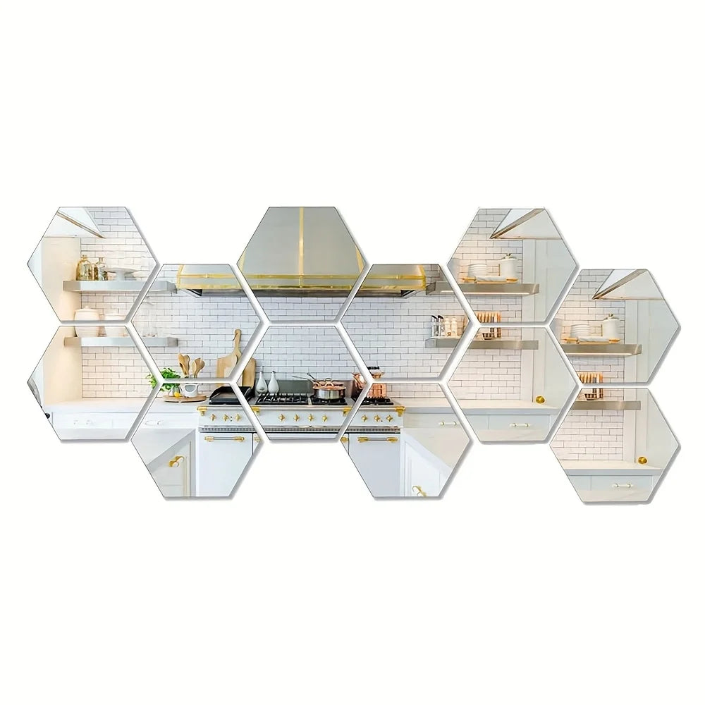 12 Hexagonal 3D Mirror Wall Stickers, Self-adhesive DIY Decoration for Living Room, Bedroom, Bathroom, Irregular Shapes