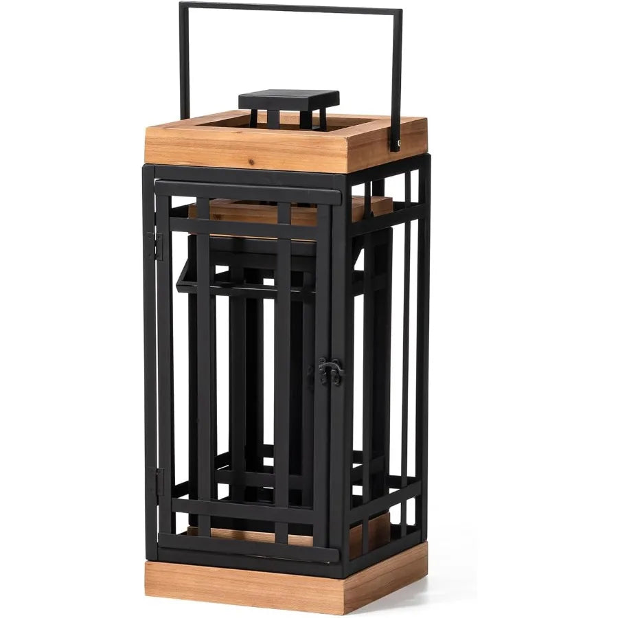 Set of 2 Modern Square Metal and Wood Hanging Lanterns with Decorative Candle Holder Design for Elegant Outdoor and Indoor Ligh